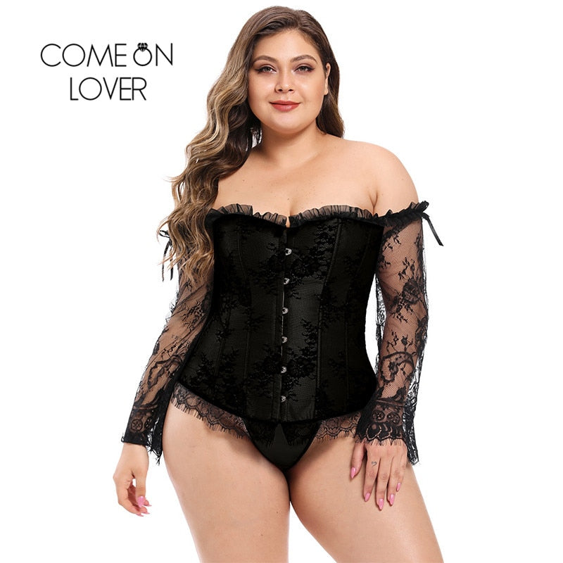 Comeonlover Lace Corset Bustier Sexy Long Sleeve Stitching Ropa Gotica Mujer Strapless Women Ruffles Plus Size Floral AI3443