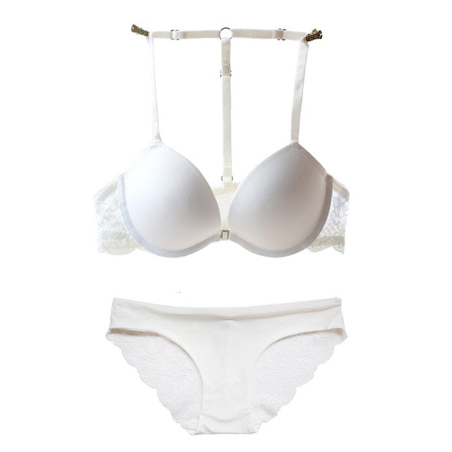 Women's Underwear Set Y-line Straps Sexy Victoria Lingerie Plus Size Front Closure Panty Set Embroidery White Lace Push Up Bra