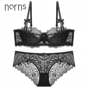 Norns new half cup Ultra-thin lace ladies underwear hollow lace embroidered push up bras women plus size underwear set