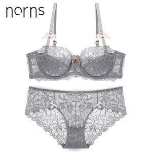 Norns new half cup Ultra-thin lace ladies underwear hollow lace embroidered push up bras women plus size underwear set