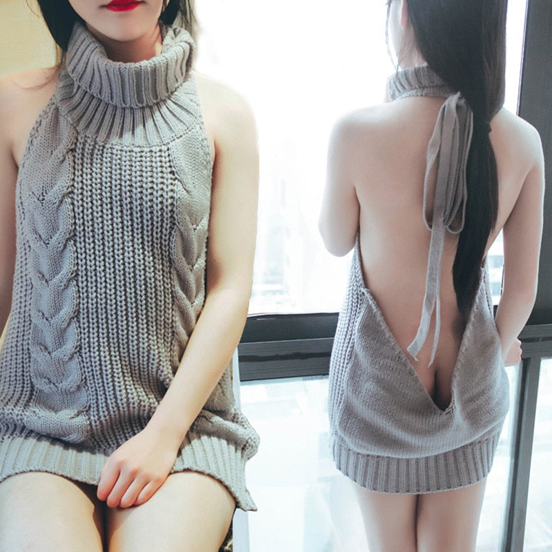 Women's Backless Turtleneck Sleeveless Sweater Dress Knitted Virgin Killer Lace Up Jersey Female 2020 Summer Sexy Club Pullover