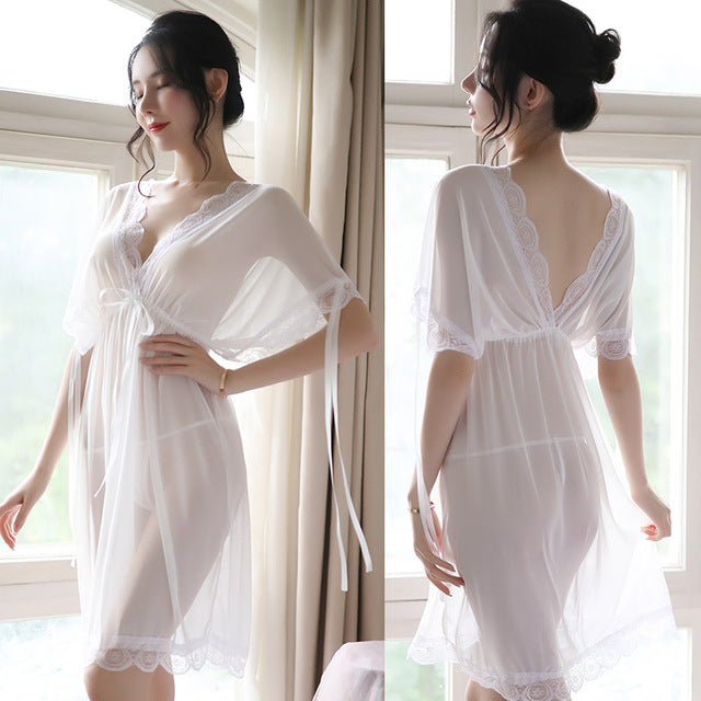 Loose Evening Wear Sexy Night Gowns with Thong Women Sleepwear Backless Mesh Lace Fabric Wedding Use Young Girl New