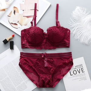 Sexy Women Lace Flora Bras Briefs Sets Push Up Half Cup Underwear Bras Bow Twist Seamless Panties Suits Breathable Intimates Set