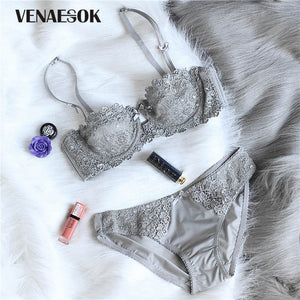 Sexy ultra-thin lace full transparent bra and panty set large size women's  underwear with steel